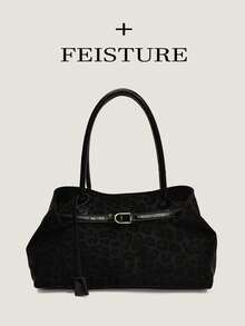 1pc Leopard Print Large Capacity Tote Bag, Fashion Strap Decor Shoulder Bag, Magnetic Closure, Suitable For Daily Outing, Dating, Commuting - Black - View 11