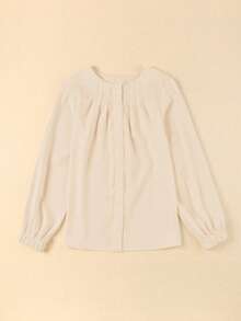 Acelitt Women's Solid Color Pleated Design Casual Long Sleeve Shirt, Suitable For Daily Commute, Spring & Autumn - Khaki - View 5