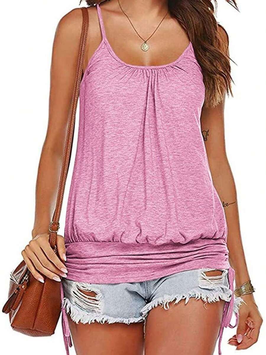 Tops Women Lace Up Shirt - Summer Spaghetti Strap Tank With Side Shirring & Banded Bottom - 粉色 - 查看 1