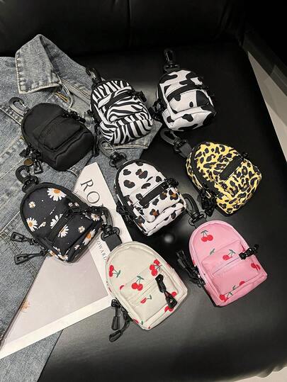 Mini Pouch Small Canvas Coin Purse Wallet, Travel Tactical Bag For AirPods, Earphones, Galaxy Buds, Coins, Keys, Paper Money, Zebra, Leopard, Cow, Cherry, Daisy Print