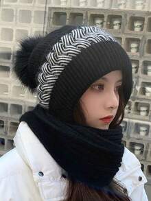 1 pièce Nouveau bonnet tricoté une pièce pour femmes en hiver, bonnet chaud avec polaire et renforcé, bonnet de neige et écharpe intégrée pour protéger les oreilles, bonnet en laine, , unique et polyvalent. Tenue d'automne, cadeau de la Saint-Valentin - Multicolore - Voir 11