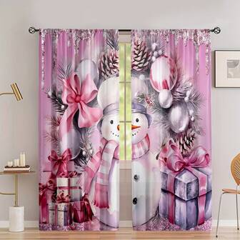 2pcs Pink Snowman Christmas Gift Series Pattern Home Textile Digital Print Fake Curtain, Pole Pocket Design For Easy Hanging, Privacy Protection Curtain, Suitable For Bedroom, Living Room, Kitchen, Study, Dining Room, Game Room, Essential For Home Decor