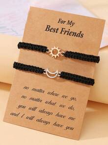 Goodwaro 2pcs Creative Metal Sun & Moon Handmade Couple Bracelets, Suitable For Girlfriends, Best Friends, Sisters, Daily Wear, Comes With Card Packaging - Black - View 7