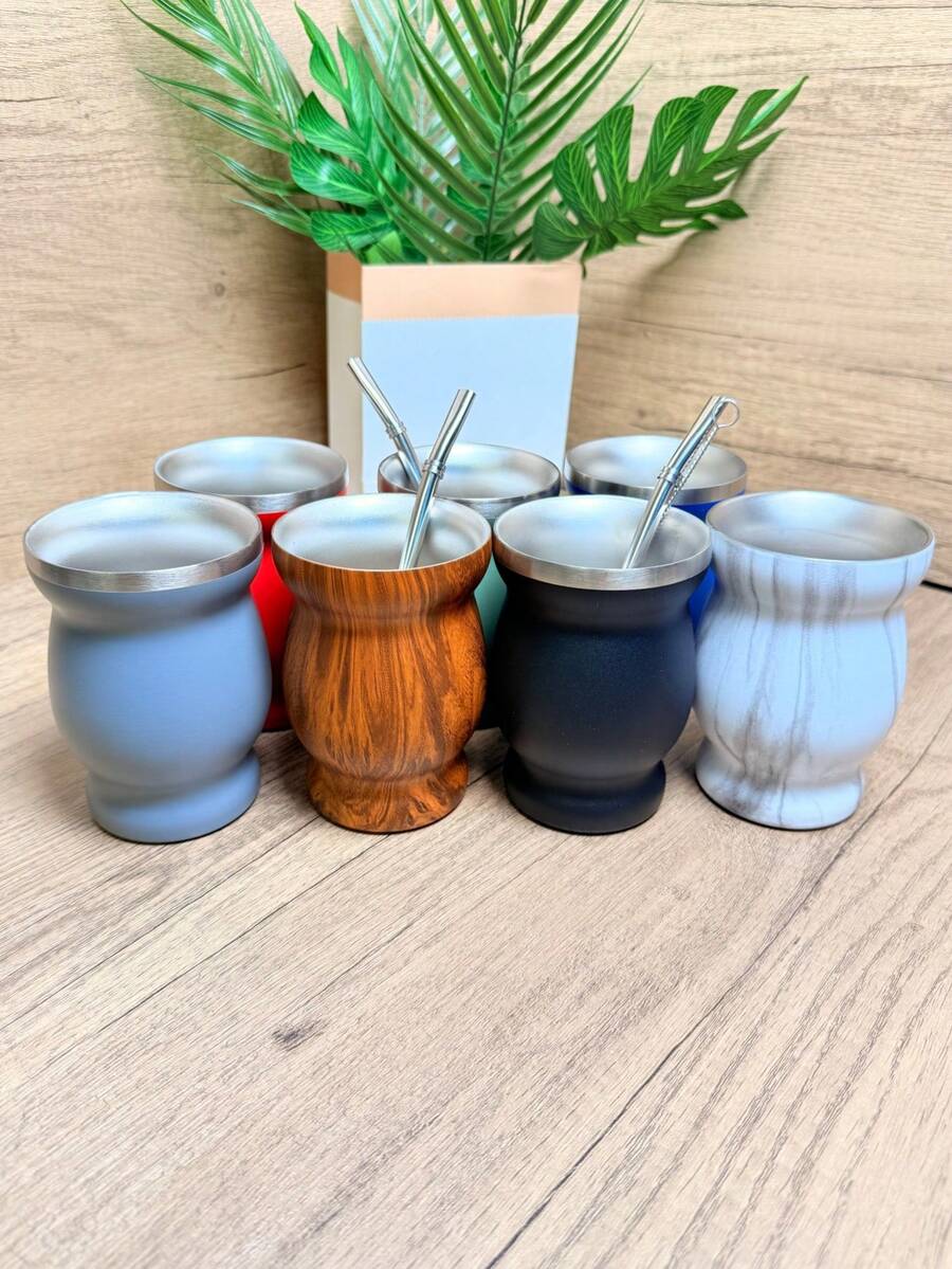 80盎司/230毫升马黛茶杯套装 葫芦形不锈钢防烫隔热带清洁刷吸管勺家用茶具 - 彩色 - 查看 1