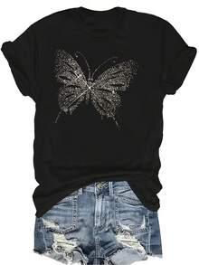 Camiseta de verano unisex de manga corta con cuello redondo, de estilo simple y versátil con estampado de mariposa, transpirable y adecuada para adolescentes y adultos - Negro - Ver 1