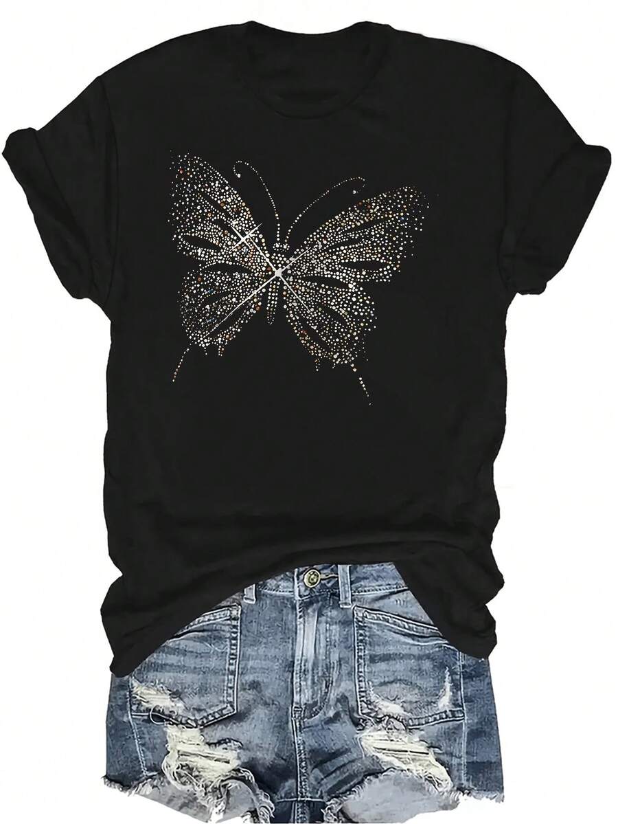 Camiseta de verano unisex de manga corta con cuello redondo, de estilo simple y versátil con estampado de mariposa, transpirable y adecuada para adolescentes y adultos - Negro - Ver 1