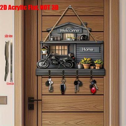 1 pieza Soporte de llaves plano en estilo de motocicleta, abridor de puerta elegante con 4 ganchos de metal, estantería de almacenamiento de llaves de madera para colgar en la pared, decoración de pared 2D, decoración del porche, decoración de la habitación, decoración de la villa, accesorio multifuncional para el hogar para todas las estaciones, 29.97cm X 22.86cm