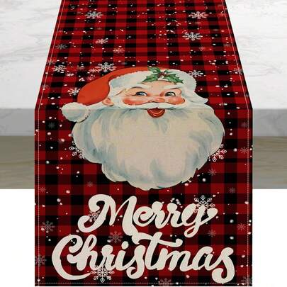1 pièce Chemin de table à carreaux rouges et noirs avec Père Noël et flocons de neige, Décoration de table de Noël saisonnière pour cuisine et salle à manger, Thème de fête de Noël à la maison