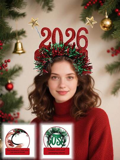 2026 Christmas And New Year Ladies' Headbands, High Skull Head Compression Headbands, Holiday Parties, Hair Hole Headbands, Merry Christmas Headbands