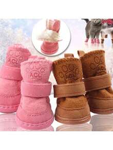 4pcs/Set Pet Dog Shoes Winter Warm Shoes For Small Medium Dogs Anti-Slip Puppy Rain Snow Boots Footwear Cat Dog Walking Sneakers - Pink - View 1