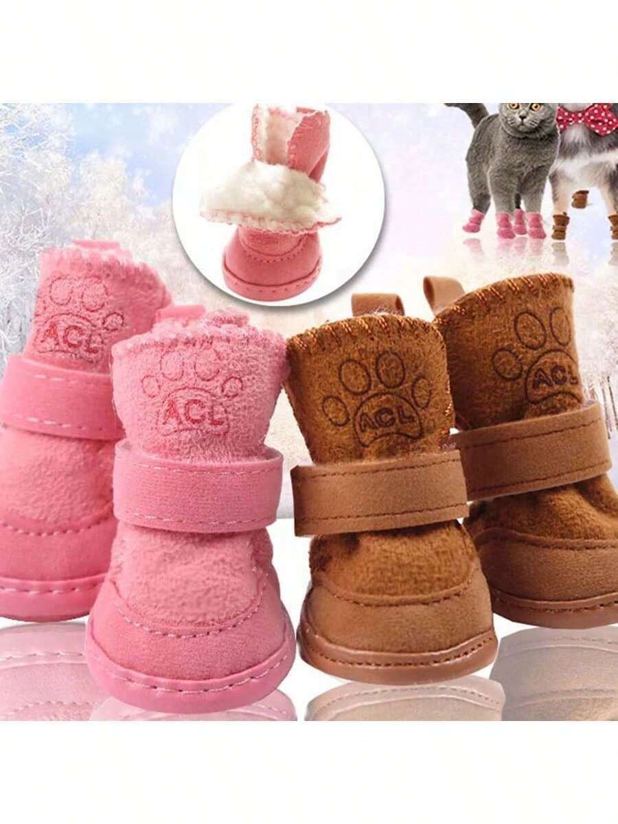 4pcs/Set Pet Dog Shoes Winter Warm Shoes For Small Medium Dogs Anti-Slip Puppy Rain Snow Boots Footwear Cat Dog Walking Sneakers - Pink - View 1