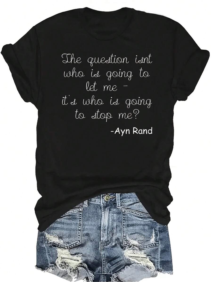 Camiseta de derechos iguales de regalo de feminismo de Ayn Rand, unisex, de verano, casual, transpirable, de personalidad, de cuello redondo, de manga corta, de ropa urbana, versátil, adecuada para adolescentes y adultos - Negro - Ver 1