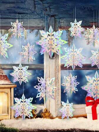 6Pcs Winter Snowflake Hanging Decorations 3D Large Snowflakes Paper Hanging Garland For Christmas Winter Wonderland Holiday New Year Party Home Decoration