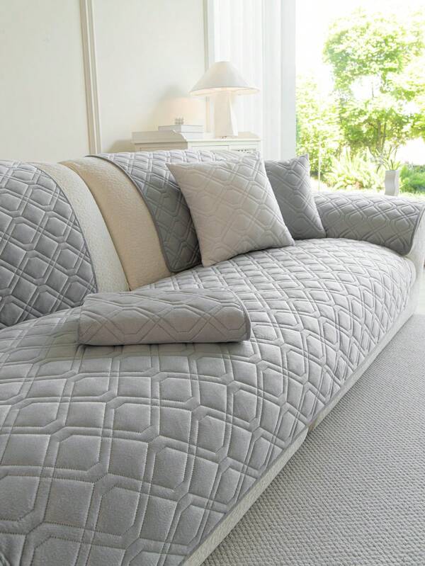 Almofada de sofá de veludo acolchoado geométrico de 1 peça, estilo minimalista, encosto antiderrapante, aceita animais de estimação, macia, multifuncional, antisujeira e antipoeira, capa de sofá para decoração de festas, adequada para encosto, apoio de braço, todas as estações