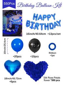 550 个蓝色和黑色生日气球套装，500 个无纺布花瓣，生日快乐横幅字母 + 心形铝箔气球，深色美学派对背景，适用于浪漫情侣卧室装饰，午夜惊喜生日派对装饰 - 彩色 - 查看 8