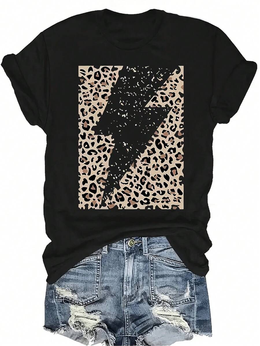Camiseta de verano para hombre con estampado de relámpago, camiseta unisex de verano casual, transpirable y de personalidad, cuello redondo, manga corta, ropa de calle versátil, adecuada para adolescentes y adultos - Negro - Ver 1