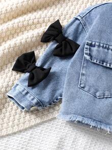Conjunto de 2 piezas de chaqueta de manga larga de mezclilla con bolsillo con lazo y pantalones de peto para bebés niñas, estilo callejero vintage, para primavera/otoño - Negro - Ver 5