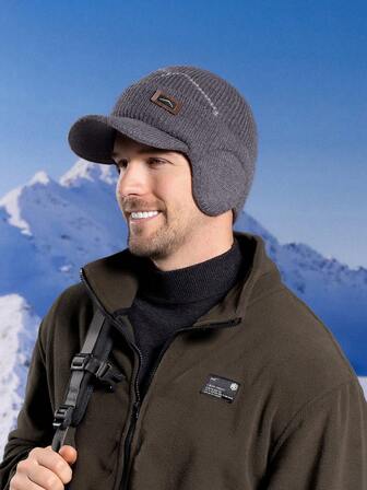 男士秋冬骑行耳罩针织帽，保暖内衬加厚鸭舌帽蓬松