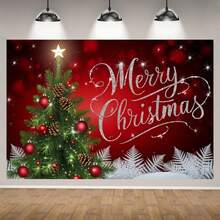 1pc Christmas Banner, Merry Christmas Design, Red Background With Green Trees And Snowflakes - Versatile Holiday Decor For Home, Party And Studio Backdrop, Multiple Sizes, No Power Required