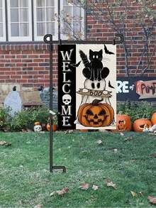 1 套万圣节户外花园旗杆和旗帜，黑猫和南瓜，骷髅旗，金属双面花园旗帜节日装饰旗杆，万圣节恐怖亚麻花园旗，节日装饰旗杆