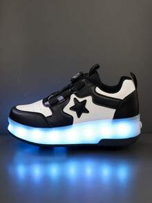 GUANGLAN 2-In-1 LED Light Up Roller Skates For Girls, 2 Wheels Removable USB Rechargeable Roller Skates, Leather Upper, 11 Flashing Modes, 7 Colorful Lights, Unisex Rotatable Button, Easy On/Off, Outdoor Sports - Black and White - View 10