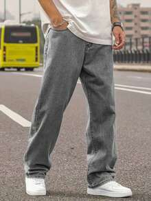 1 件男士直筒常规款浅蓝色休闲舒适牛仔裤，适合城市散步和户外活动，春夏季 - 灰色 - 查看 2