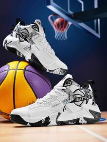 Men's All-Season Sports Shoes, Basketball Shoes, Wear-Resistant Shock-Absorbing Rebounding Non-Slip Asymmetrical Print Outsole, Breathable And Comfortable, Suitable For Outdoor Sports And Competitions, Size 39-48 Large Size Men's Shoes, Men's Sports Shoes, Running Shoes (Asymmetrical Print Pattern) - White and Black - View 5