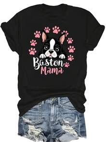 Camiseta con estampado de Boston Terrier con pata rosa, unisex, de verano, casual, transpirable, de personalidad, cuello redondo, manga corta, ropa de calle, versátil, adecuada para adolescentes y adultos - Negro - Ver 1