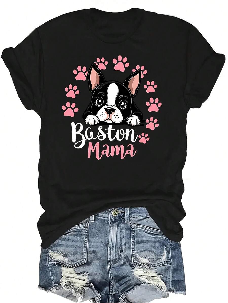 Camiseta con estampado de Boston Terrier con pata rosa, unisex, de verano, casual, transpirable, de personalidad, cuello redondo, manga corta, ropa de calle, versátil, adecuada para adolescentes y adultos - Negro - Ver 1