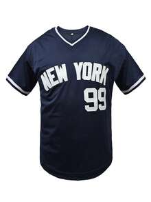 KTYSDE Men's #99 Navy Blue Retro Baseball Jersey, New York Letter Embroidery, Loose V-Neck Short Sleeve Pullover Sportswear, Suitable For Casual Daily Wear, Streetwear, Baseball, Golf Training, Fan Gift, - Navy Blue - View 3