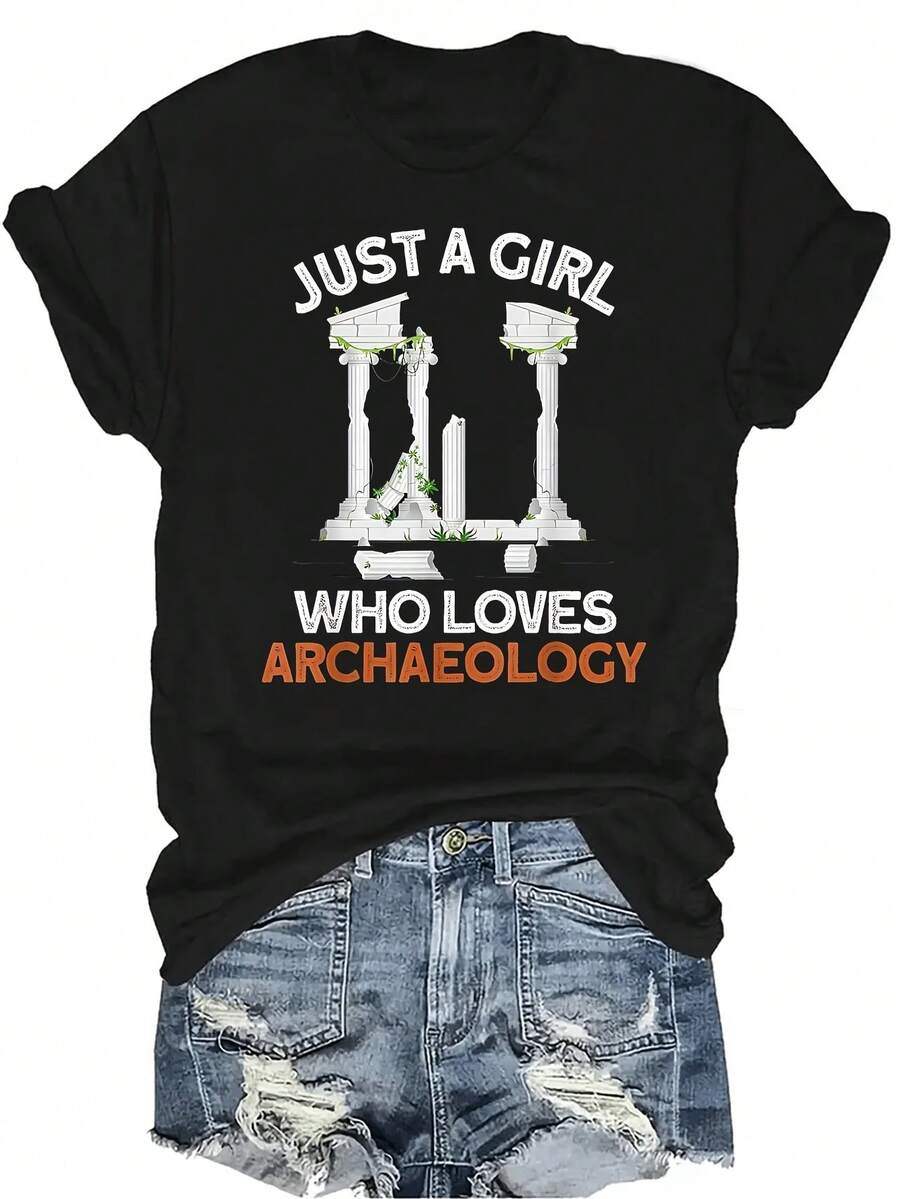 Camiseta de diseño arqueológico unisex, de verano, casual, transpirable, con personalidad, cuello redondo, manga corta, ropa de calle, versátil, adecuada para adolescentes y adultos - Negro - Ver 1