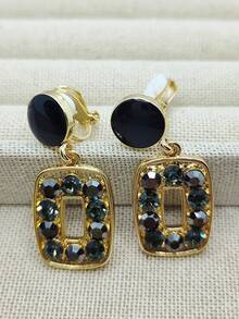 2pcs Vintage French Style Rhinestone Square Clip-On Earrings, Minimalist Geometric Pendant Earrings For Non-Pierced Ears - Clip - View 4