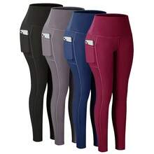 With Pockets - Stretch Four Seasons Sports Compression Leggings - Women's High Waist Yoga Pants, Solid Color Polyester Knitted Fabric, Sports Style, High Stretch Adult Running Leggings - 黑色 - 查看 1