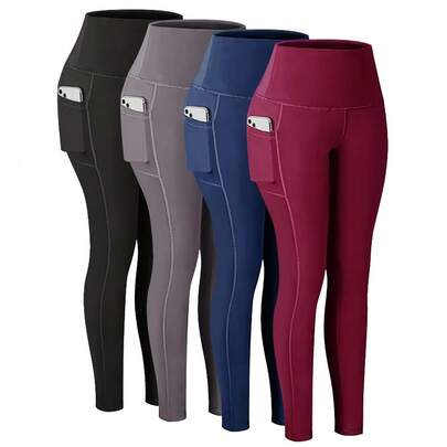 With Pockets - Stretch Four Seasons Sports Compression Leggings - Women's High Waist Yoga Pants, Solid Color Polyester Knitted Fabric, Sports Style, High Stretch Adult Running Leggings