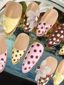 10片手工3D美甲贴片，波点、棕色、秋季、3D花卉图案，按压式美甲贴片，3D花卉美甲贴纸，女士日常佩戴人造指甲，手工按压式美甲贴片 - 棕色 - 查看 5