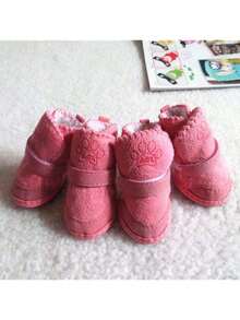 4pcs/Set Pet Dog Shoes Winter Warm Shoes For Small Medium Dogs Anti-Slip Puppy Rain Snow Boots Footwear Cat Dog Walking Sneakers - Pink - View 2