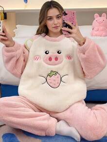 Cute Pig & Strawberry Plush Pajama Set - Polyester Fleece Winter Loungewear - Hồng - Xem 5