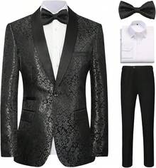 Men's Floral Dinner Party Prom Wedding Stylish Suits For Men One Button Dinner Jacket Pants Sethalloween - 黑色-3件 - 查看 1