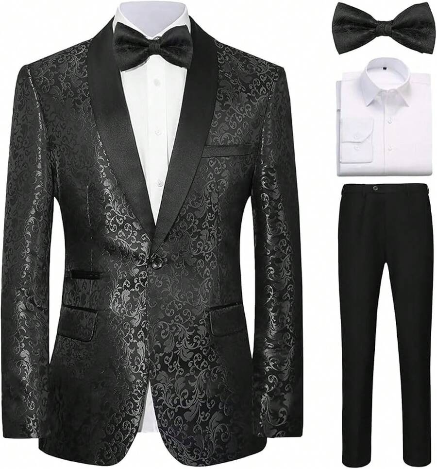 Men's Floral Dinner Party Prom Wedding Stylish Suits For Men One Button Dinner Jacket Pants Sethalloween - 黑色-3件 - 查看 1