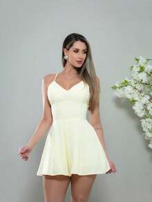 Macaquinho curto Costa aberta lisos com amarração zíper invisível  bojo moda feminina lançamento - Creme - Visão 3