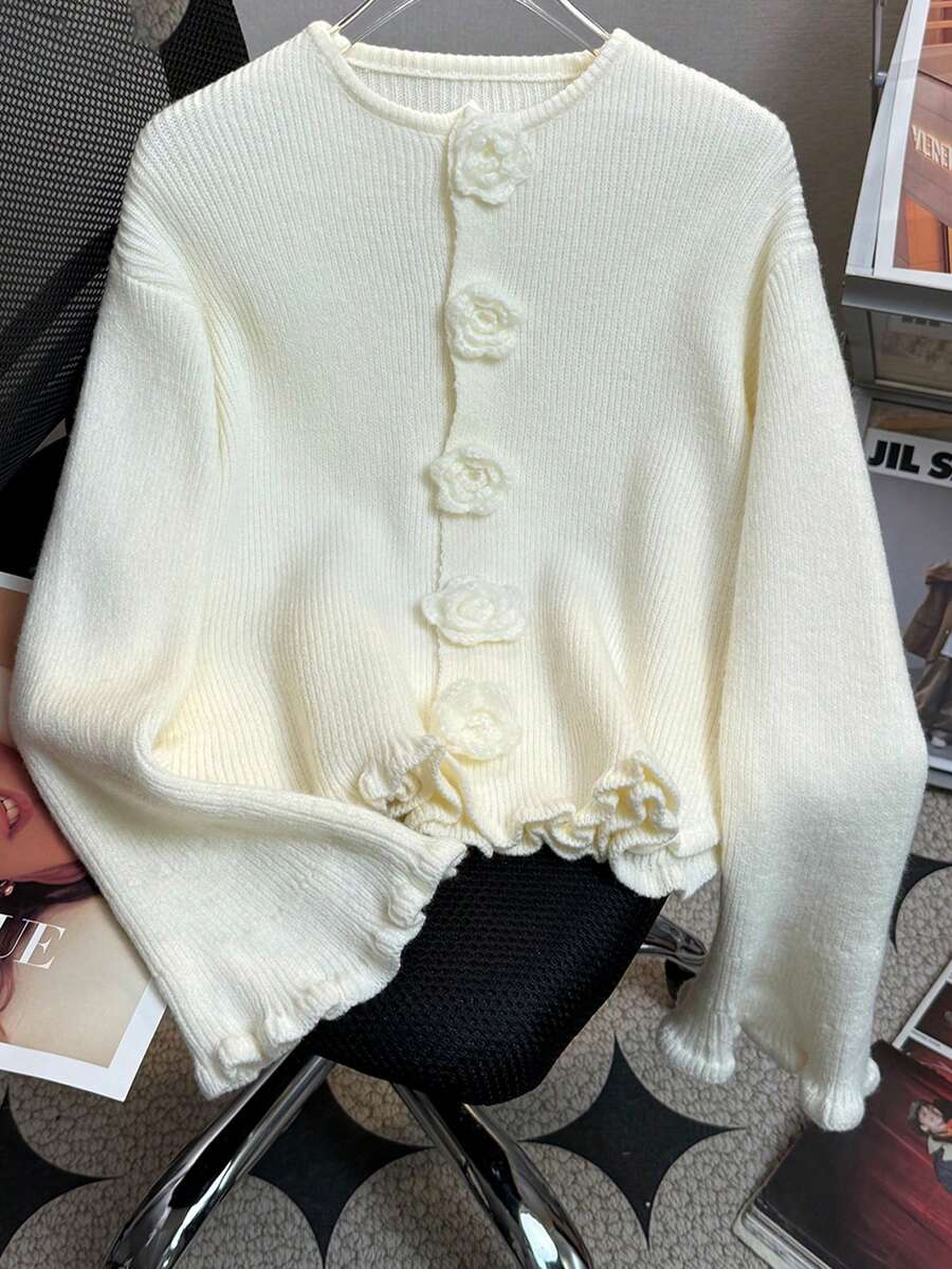 JIANHU Spring New Floral Button Fringe Knit Cardigan, Women Loose Sweet Elegant Jacket, Versatile Long Sleeve Sweater - New White - View 1