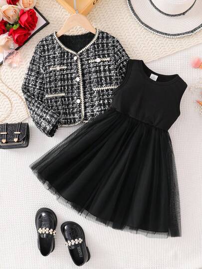 2pcs Girls Fashion Outfit Set, Spring/Autumn, Includes Button-Up Cardigan Jacket + Round Neck Sleeveless Mesh Patchwork Dress, Stylish Outdoor Clothing For Girls