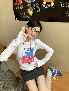 女式卡通人物及英文文字印花修身短款长袖T恤，休闲春秋 - 白色 - 查看 8