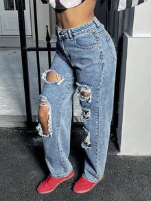 La moda de otoño de las mujeres está llena de agujeros rotos, pantalones vaqueros sueltos y rectos - Lavado ligero - Ver 5