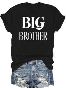 Camiseta de "Hermano Mayor" Unisex, de verano, casual, transpirable, con personalidad, cuello redondo, manga corta, ropa de calle, versátil, adecuada para adolescentes y adultos - Negro - Ver 1