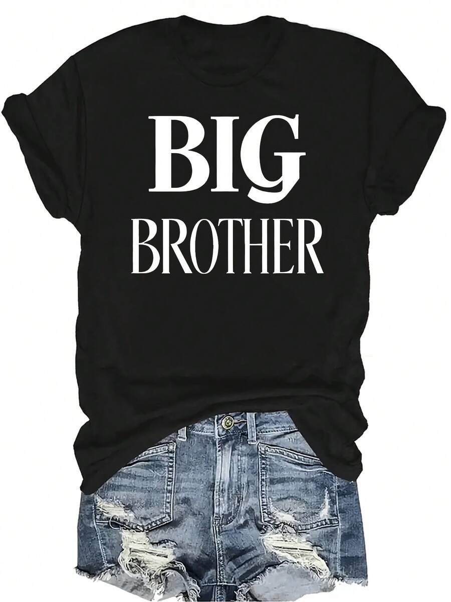 Camiseta de "Hermano Mayor" Unisex, de verano, casual, transpirable, con personalidad, cuello redondo, manga corta, ropa de calle, versátil, adecuada para adolescentes y adultos - Negro - Ver 1