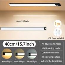 1 pieza Luz de gabinete con sensor de movimiento LED, 3 temperaturas de color (luz blanca, luz natural, luz blanca cálida) con brillo ajustable, luz de carga inalámbrica USB