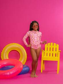 Girls' Swimsuit With Ruffles + Zipper, Cute Style, Beachwear, Summer UV - Baby Pink - View 1