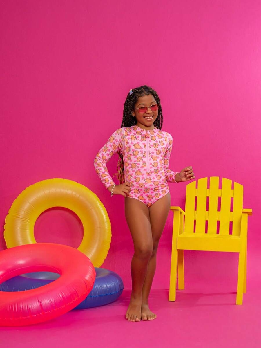Girls' Swimsuit With Ruffles + Zipper, Cute Style, Beachwear, Summer UV - Baby Pink - View 1