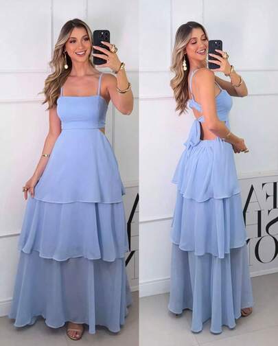 vestido longo de festa  Simples    Chiffon    Babado    festa   Casamento  Festa do chá de bebê  viagem    verao, primavera